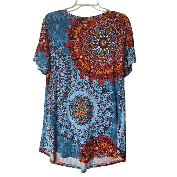 Cathy Blue Sz XL Orange Print Flowy Stretch Pullover Tunic Top Blouse - Picture 2 of 7